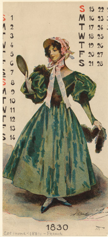 Woman in green dress holding mirror, France, 1830