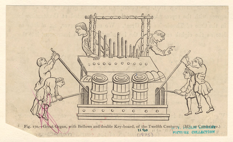 Great organ, with bellows and double key-board, of the twelfth century.