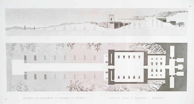 Grundriss und Durchschnitt des Monuments zu Essabua [el-Sebua]. = Plan et coupe du monument à Essaboua.