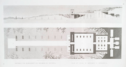 Grundriss und Durchschnitt des Monuments zu Essabua [el-Sebua]. = Plan et coupe du monument à Essaboua.