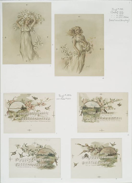 Easter cards depicting woman with flowers; musical notation with landscape in background.