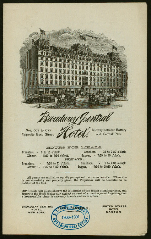 DINNER [held by] BROADWAY CENTRAL HOTEL [at] "BOND STREET, NY" (HOTEL;)