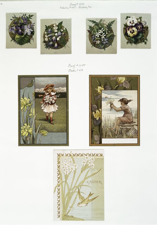 Easter and Valentine cards depicting flowers, girls, a bird and a dragonfly.