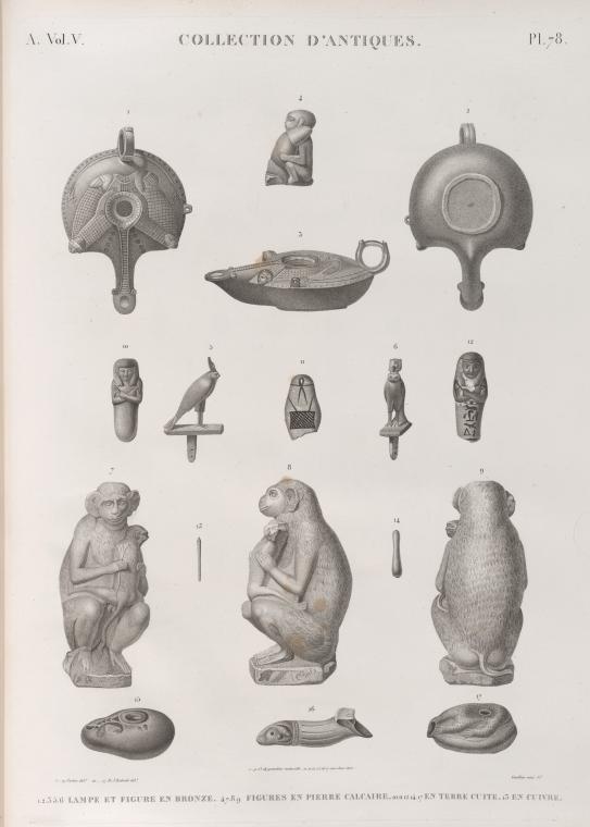 Collection d'antiques. 1-6. Lampe et figure en bronze; 4.7-9. Figures en pierre calcaire; 10-12.14-17. en terre cuite; 13. en cuivre.