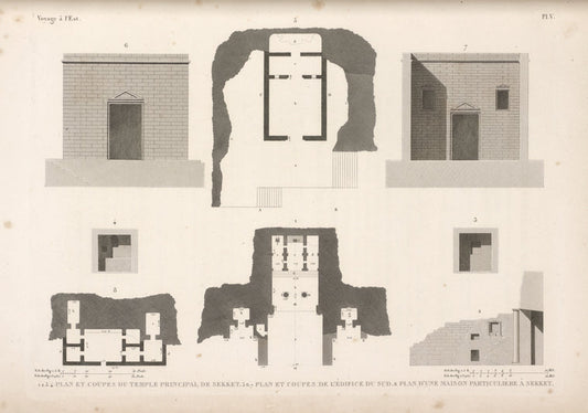 1-4. Plan et coupes du temple principal de Sekket [Sakiet, Sikeit]; 5-7. Plan et coupes de l'édifice du sud; 8. Plan d'une maison particulière à Sekket.