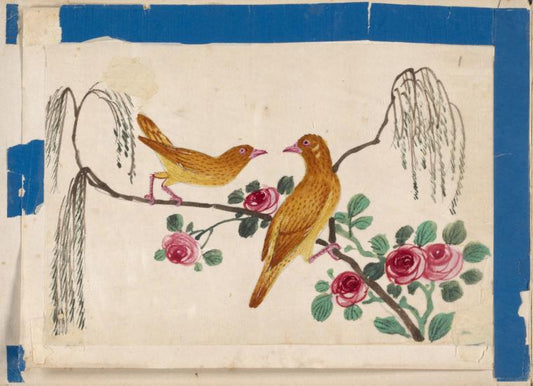 Birds of China. [Yellow birds on branch with pink flowers]