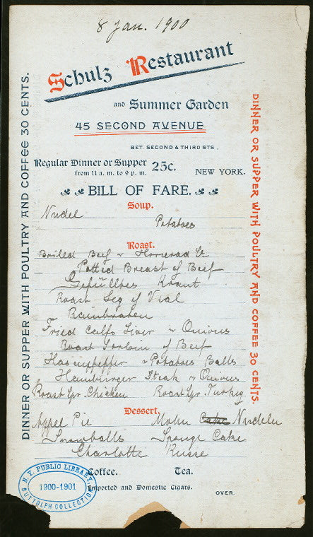 DINNER [held by] SCHULZ RESTAURANT AND SUMMER GARDEN [at] 45 SECOND AVENUE; NY (REST;)