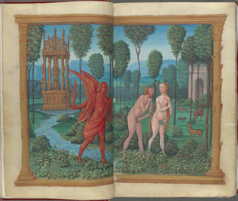 Double-page miniature: The angel expelling Adam and Eve from Paradise