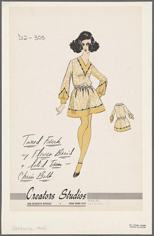 Tweed frock with flower braid and solid trim and chain belt