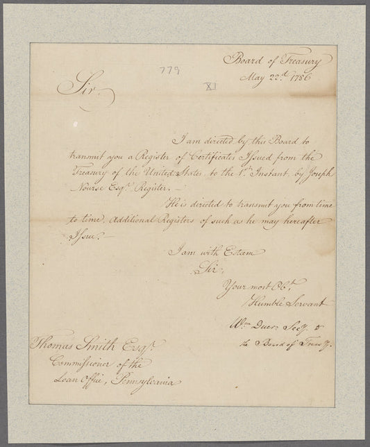 Duer, William. Board of Treasury. To Thomas Smith