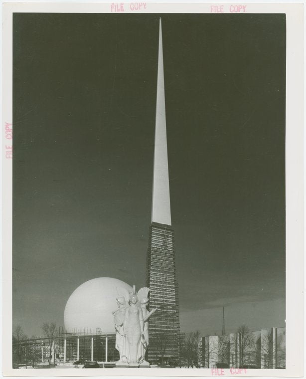 Theme Center - Trylon and Perisphere - Construction - Trylon and Perisphere with scaffolding