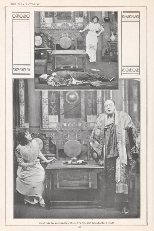 Deirdre Doyle and Walker Whiteside in scenes from the stage production Mr. Wu: Wu drinks the poisoned tea which Mrs. Gregory intended for herself