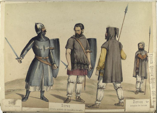 Epoca Gotica Siglos del V al VII. Siervo, loricato y centrato; Siervo, centrato armada de espada y skrama; Siervo, armados de lanzas