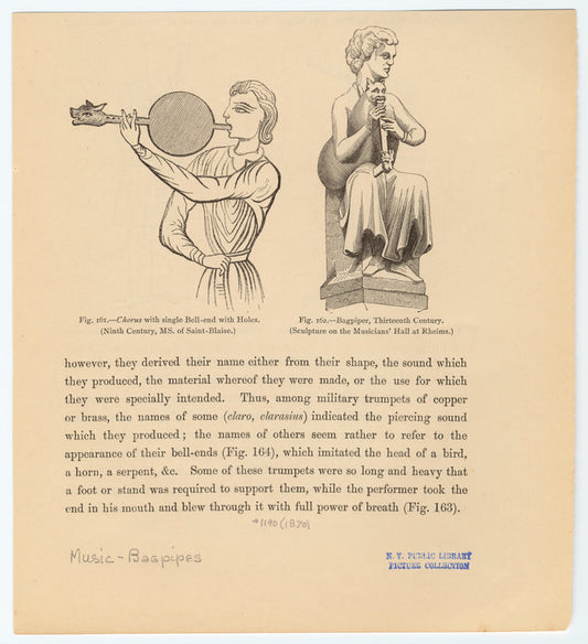 Chorus with single bell-end with holes (ninth century, MS. of Saint-Blaise) ; Bagpiper, thirteenth century (sculpture on the Musicians' Hall at Rheims).