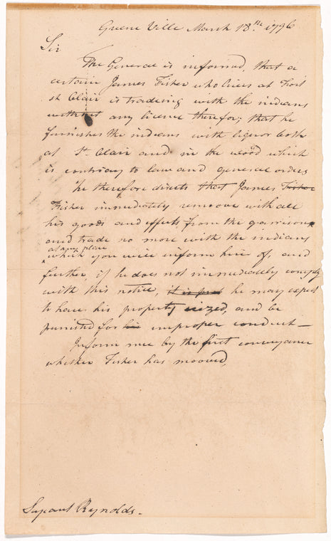 Draft of order at Greenville regarding unlicensed trade with the Indians by James Fisher