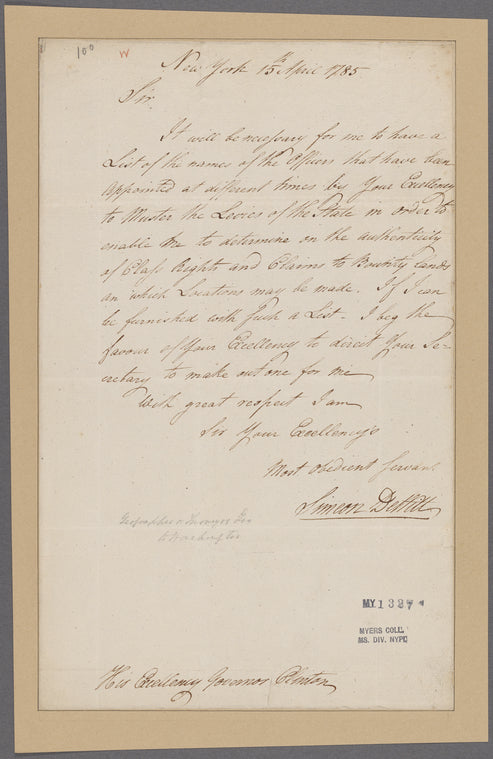 Dewitt, Simeon. New York. To Governor Clinton