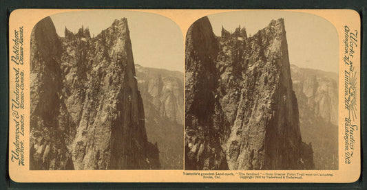 Yosemite's grandest land-mark 'The Sentinel', from Glacier Point Trail west to Cathedral Rocks, Cal.