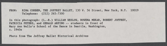 William Weslow, Rowena Mekar, Robert Joffrey, Patricia Peters, and Gerald Arpino, students in front of Mary Ann Wells's School of the Dance in Seattle, Washington