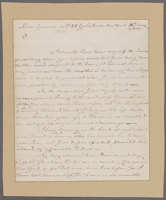 Blackden, Samuel. No. 22 Gold Street, New York. To General [ ]