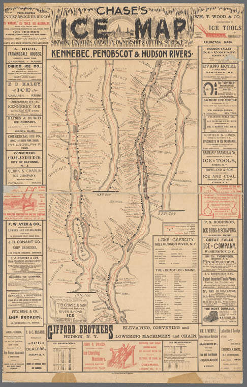 Chase's ice map, showing location, capacity, ownership & cutting surface of the Kennebec, Penobscot & Hudson rivers
