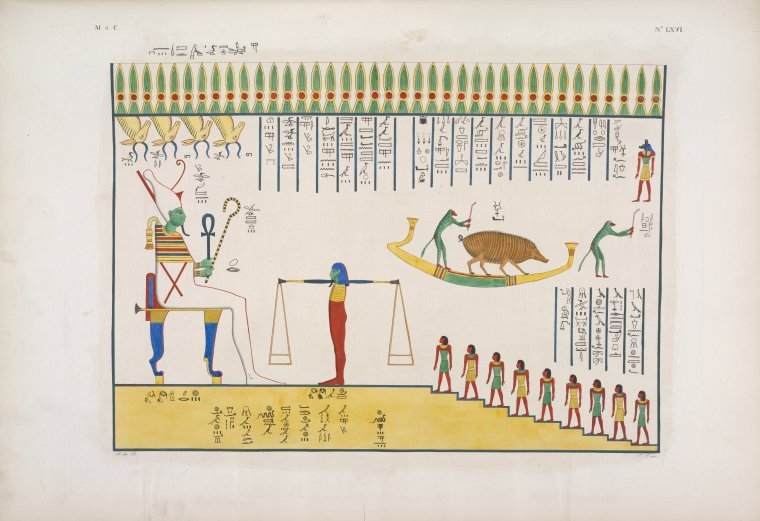 Bassorilievo della tomba di Ramses VI, rappresentanza mistica della metensomatosi egizia. Le anime salgono al cospetto di Osiride [Osiris] giudice nell' Amenti, e secondo il giudizio, volano tra li spiriti puri, o ritornano in animaleschi corpi?