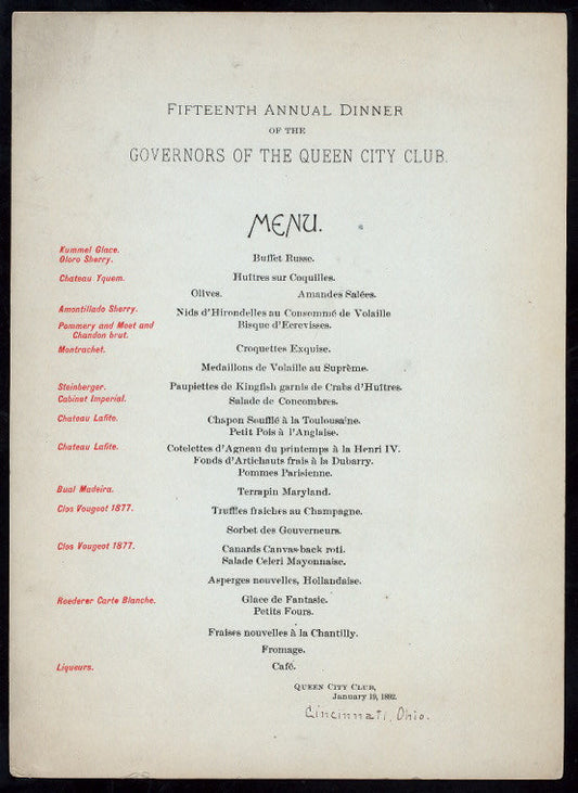 FIFTEENTH ANNUAL DINNER [held by] GOVERNORS OF THE QUEEN CITY CLUB [at] QUEEN CITY CLUB CINCINNATI OH (OTHER (PRIVATE CLUB))