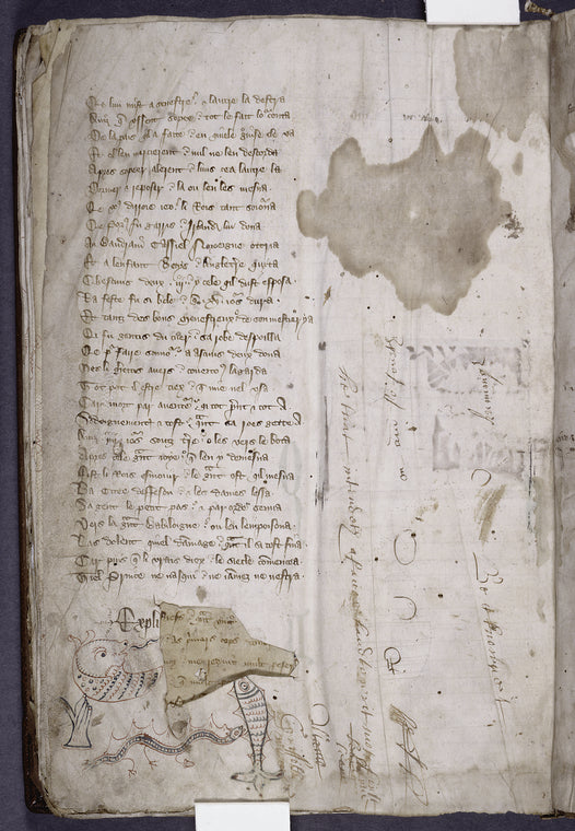 Explicit of text, with drawings in red and blue at bottom