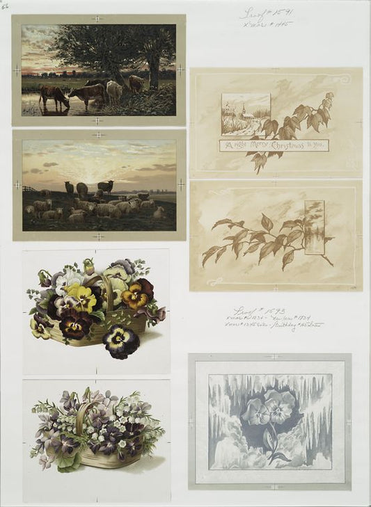 Birthday, Christmas, and New Year cards depicting cows, sheep, flowers in baskets, tree branches, sunsets, landscapes and a church.