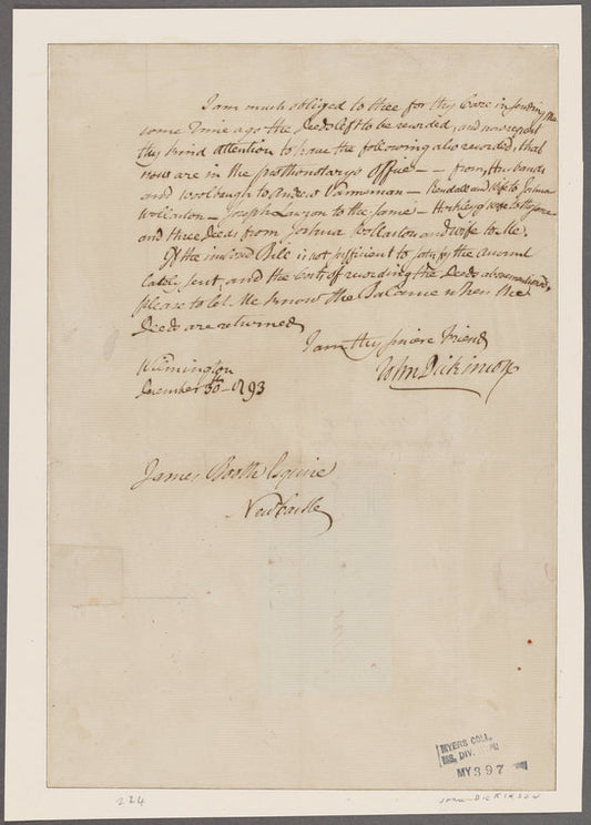 Dickinson, John. Wilmington. To James Booth