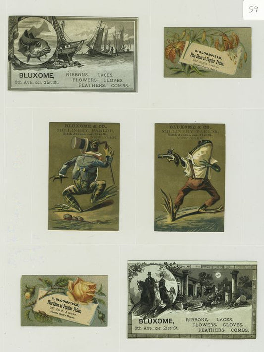 Trade cards depicting flowers, fish, ships, a couple riding horses, moonlit Pompeii, columns, frogs dressed in clothes with a cane and gun.