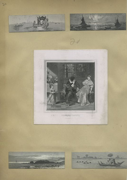 Trade cards depicting sailboats, small boats carrying important passengers, and a card entitled 'interrupted courtship'.