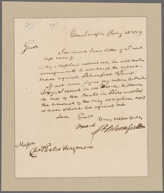 Bloomfield, Brigadier General Joseph. Washington. To Chrst. Peter Wersman