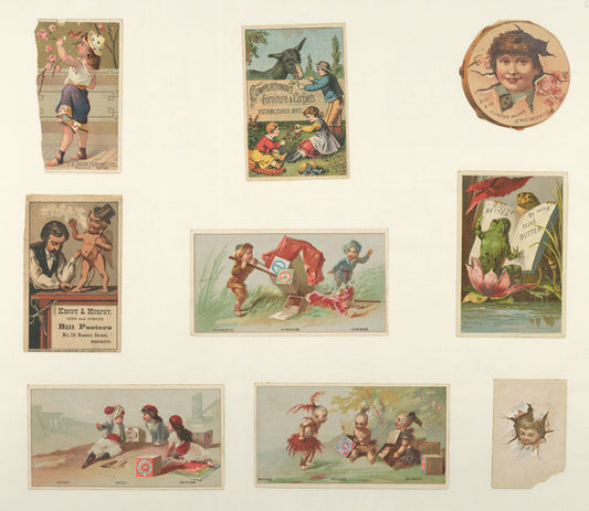 Trade cards depicting Native Americans, Hindus, Greeks, boxes of food, a bird, a donkey, frogs reading, a cupid being fitted for clothes, children's heads framed by a torn tambourine and paper.