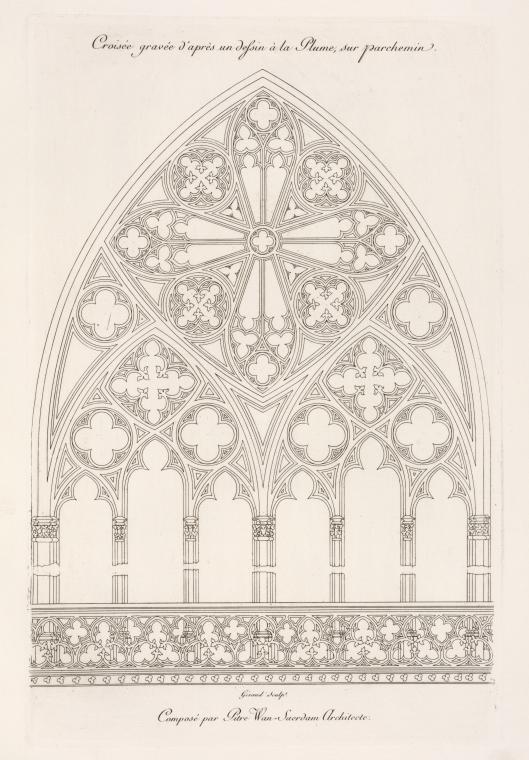 Croisée gravée d'après un dessin à la plume, sur parchemin.