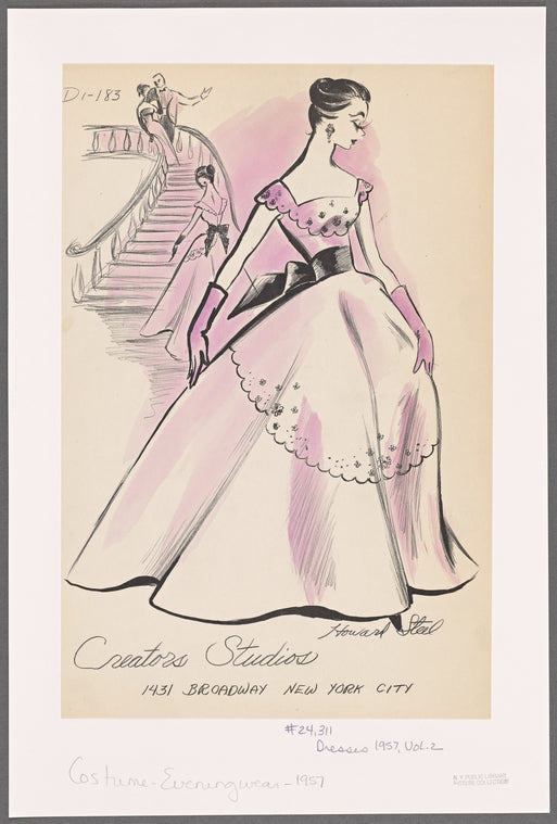 Evening gown with full skirt, waist sash and bow and Florentine neckline that forms V at back; scallop-edged yoke and cap sleeves; scallop-edged overskirt with repeat of bodice decoration