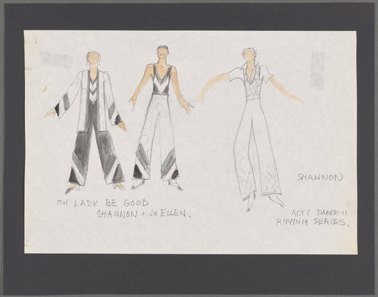 Dancin' With Gershwin: Costume sketch and fabric swatches for Act I, Dance 11 Rhythm Series "Oh Lady Be Good" (Shannon & Jo Ellen)