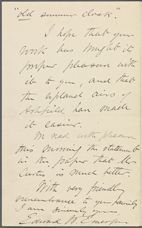 "Edward Waldo Emerson ALS to Charles Eliot Norton, Aug. 10, 1892, enclosing RWE's poems for Lowell's fortieth and fiftieth birthdays