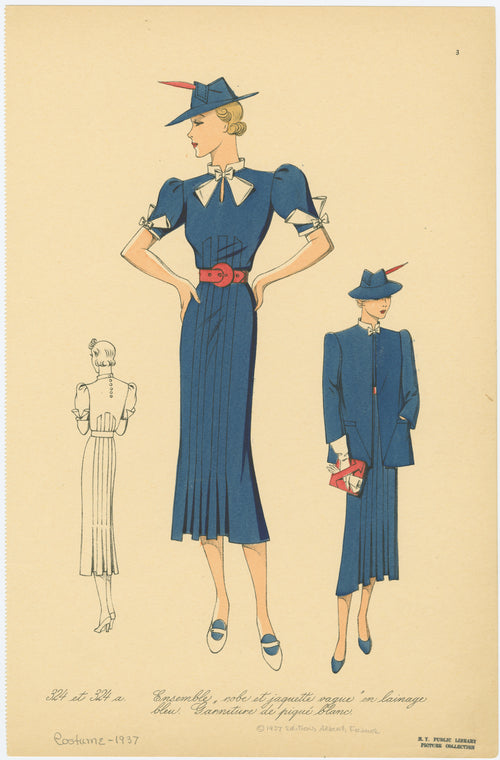 Ensemble robe et jaquette vague en lainage bleu ; Garniture de piqué blanc.