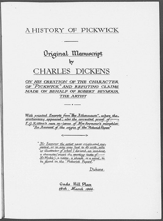 History of Pickwick, A. Holograph