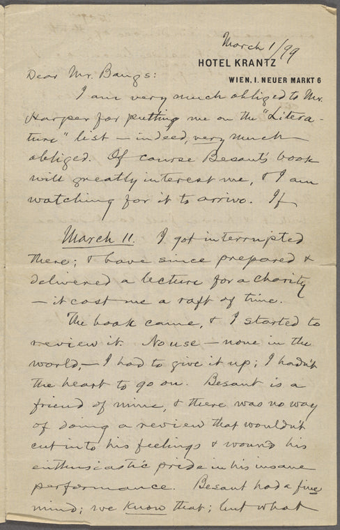 Bangs, [John Kendrick], ALS to. Mar. 1-12, 1899.