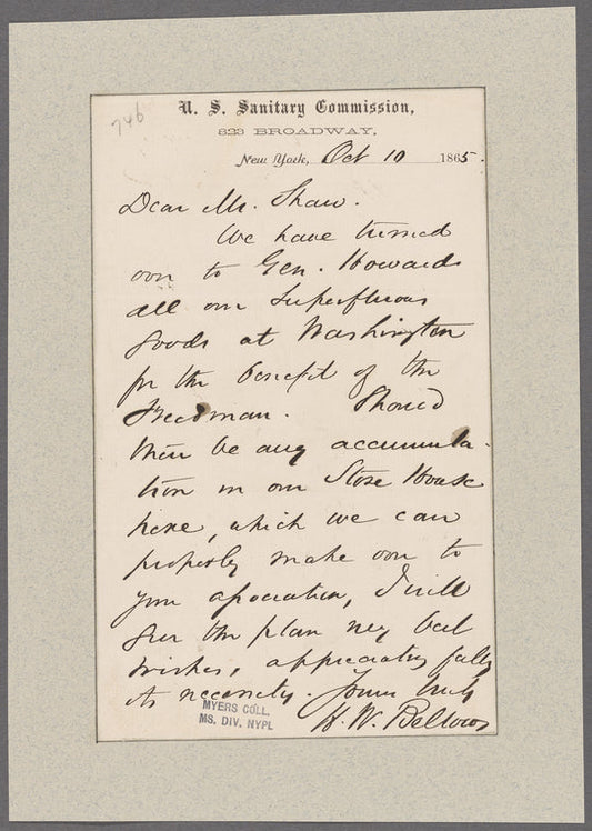 Bellows, H.W. New York. To Mr. Shaw