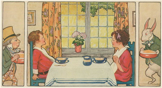 Children seated at table, with Mad Hatter and March Hare.