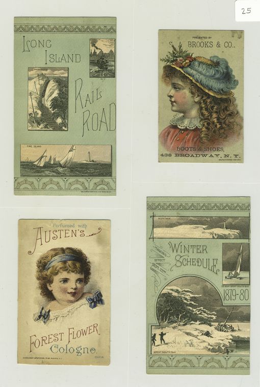 Trade cards depicting portraits of girls and Long Island Rail Road schedules depicting New York City, Shinnecock and Fire Island in the summer, Montauk and Great South Bay in the winter.