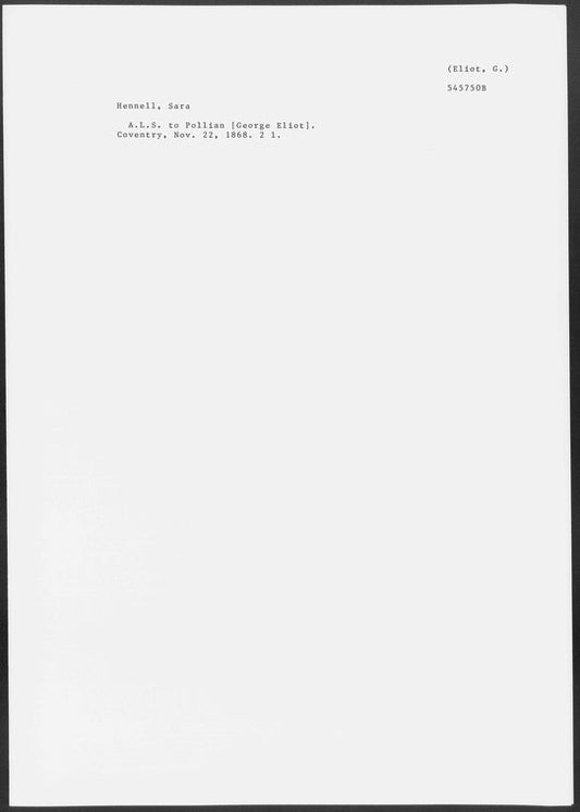 Hennell, Sara. ALS to Pollian [George Eliot]