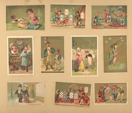Trade cards depicting playing cards, children, adults, jesters, soldiers, dragon flies, jars of meat, a well, a couple, a dog, gardening, fishing and a boy dressed as a bird.